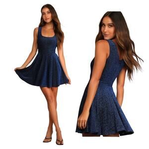 NWOT Lulus Best Date Ever Blue Metallic Skater Mini Dress Size XLarge